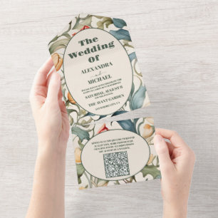 Invitation Tout En Un Code QR Aquarelle Tulipes Mariage William Morris