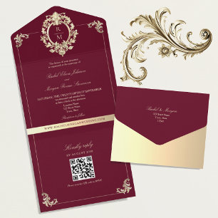 Invitation Tout En Un Code QR Baroque Bourgogne Or Mariage