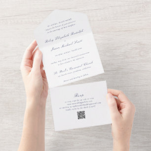 Invitation Tout En Un Code QR Bleu de la Marine Propre Mariage élégant