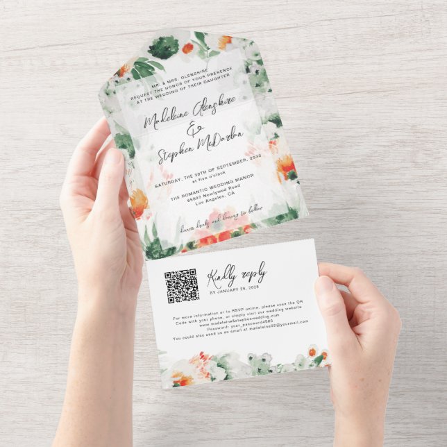 Invitation Tout En Un Code QR botanique de l'aquarelle fleur sauvage (Déchirure)
