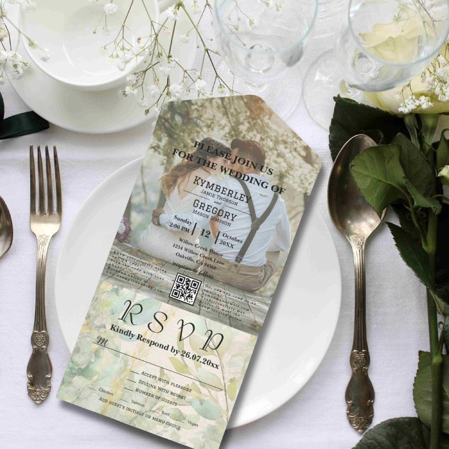 Invitation Tout En Un Code QR botanique Eucalyptus vert crème (Créateur téléchargé)