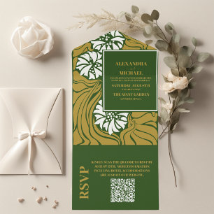 Invitation Tout En Un Code QR Classique Vert Art Nouveau Mariage