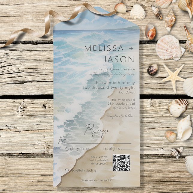 Invitation Tout En Un Code QR côtier côtier de plage moderne (Also available without a QR code; with or without dinner selection options.)