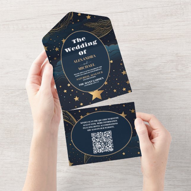 Invitation Tout En Un Code QR Crescent céleste Lune Mariage or (Déchirure)