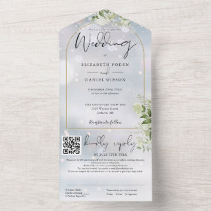 Invitation Tout En Un Code QR d'arche dorée, verdure, mariage d'hiver
