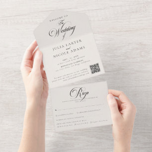 Invitation Tout En Un Code QR de calligraphie noir ivoire classique pour