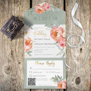Invitation Tout En Un Code QR de la pêche rustique et des pivoines blanc