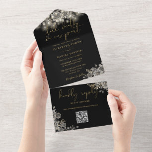 Invitation Tout En Un Code QR de lumières de roses noires et dorées de m