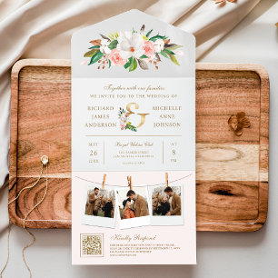 Invitation Tout En Un Code QR de mariage à fleurs rose blush et esperlue