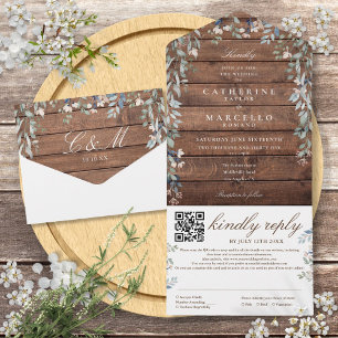 Invitation Tout En Un Code QR de mariage à la florale de verdure en bois