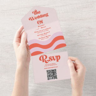 Invitation Tout En Un Code QR de mariage à typographie rétro rose orange