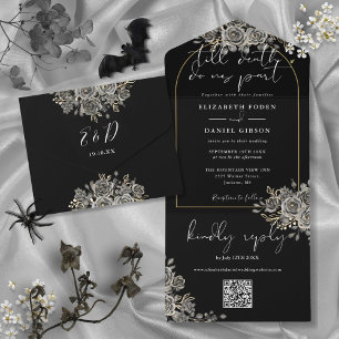 Invitation Tout En Un Code QR de mariage Arches dorées Roses noires goth