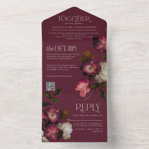 Invitation Tout En Un Code QR de mariage chic floral sombre bordeaux Moo