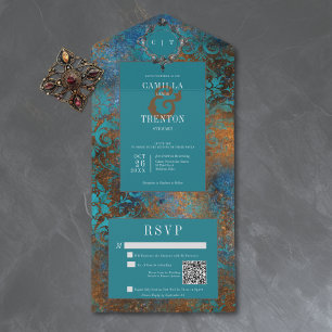 Invitation Tout En Un Code QR de mariage damassé sarcelle doré gothique
