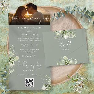 Invitation Tout En Un Code QR de mariage de verdure florale vert sauge P