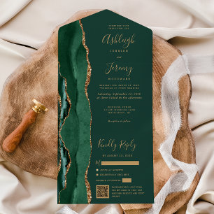 Invitation Tout En Un Code QR de mariage en or Agate Vert Emeraude