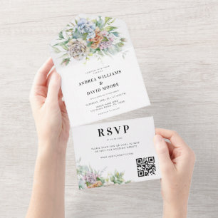 Invitation Tout En Un Code QR de mariage floral romantique aquarelle de 