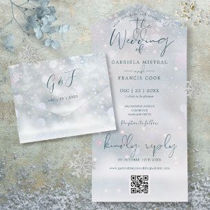 Invitation Tout En Un Code QR de Mariage Hivernal sur un Mariage enneigé