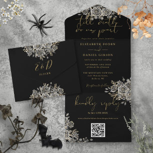 Invitation Tout En Un Code QR de mariage noir gothique et roses dorées