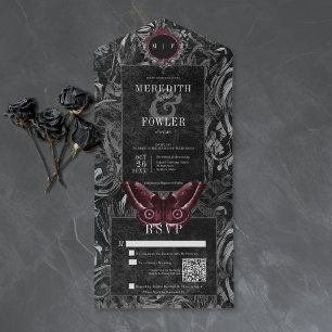 Invitation Tout En Un Code QR de mariage Papillon Filigrane de Vin Noir 