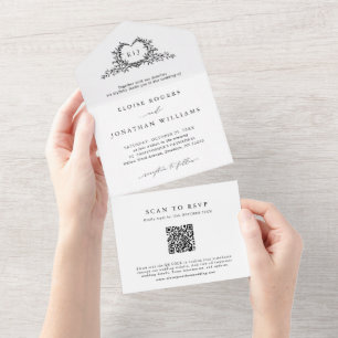 Invitation Tout En Un Code QR de monogramme de blason de calligraphie mi