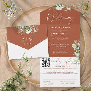 Invitation Tout En Un Code QR de monogramme de verdure en terre cuite po