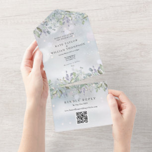 Invitation Tout En Un Code QR de monogramme floral de lilas sage Mariage