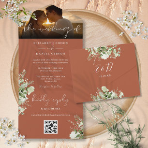 Invitation Tout En Un Code QR de photo de mariage à la flore de terre cu
