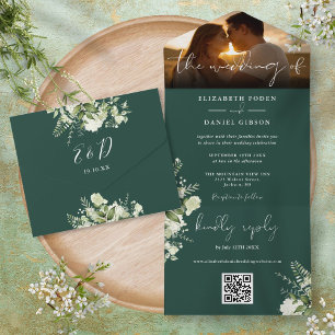 Invitation Tout En Un Code QR de photo de mariage à la verdure florale é