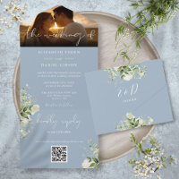 Code QR de photo de mariage floral verdure bleu po
