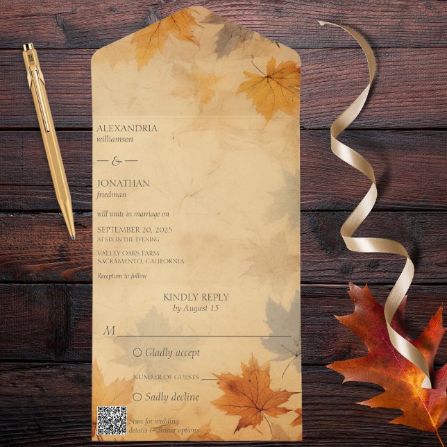 Invitation Tout En Un Code QR de remplissage d'automne rustique (Also available without QR code. )
