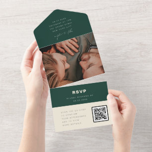 Invitation Tout En Un Code QR de réponse simple de mariage vert émeraude