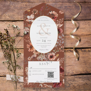 Invitation Tout En Un Code QR du cadre de Fleur sauvage rouille et rouil