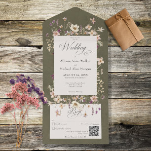 Invitation Tout En Un Code QR du cadre de Fleur sauvage vert rustique