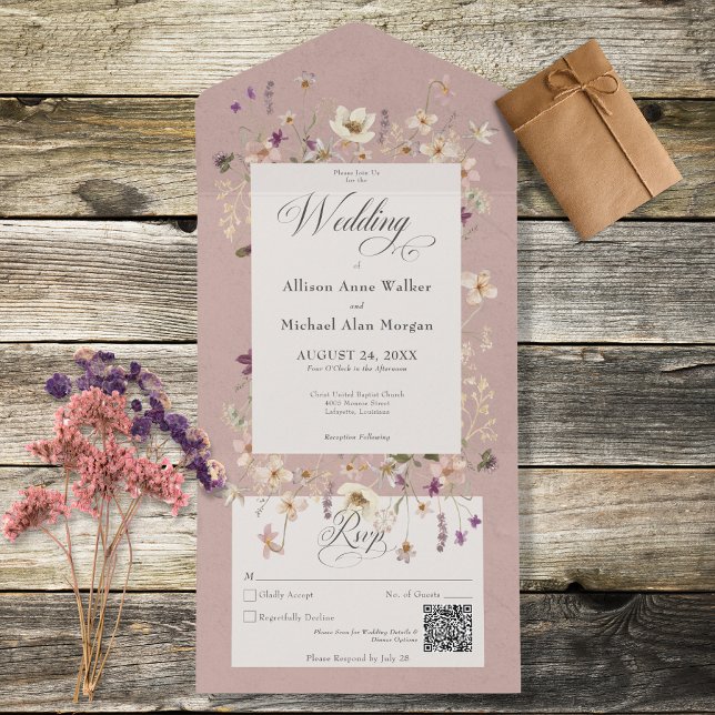 Invitation Tout En Un Code QR du cadre Fleur sauvage rose rustique (Créateur téléchargé)