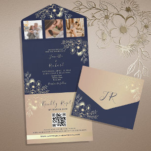 Invitation Tout En Un Code QR du Mariage bleu de la Marine
