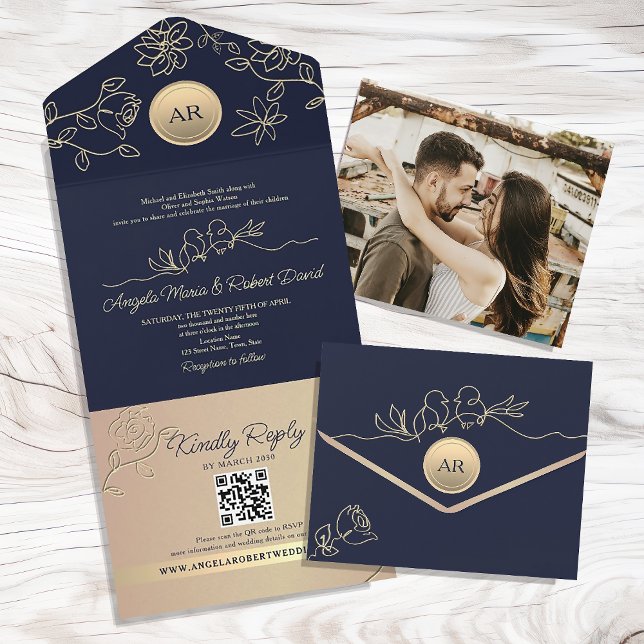 Invitation Tout En Un Code QR du Mariage bleu de la Marine (Créateur téléchargé)