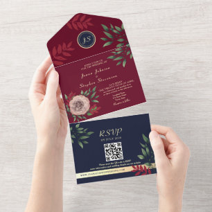 Invitation Tout En Un Code QR du Mariage de la Marine Bleue Bourgogne