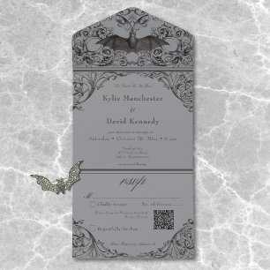 Invitation Tout En Un Code QR du Mariage gris-noir du Victoria Til Death