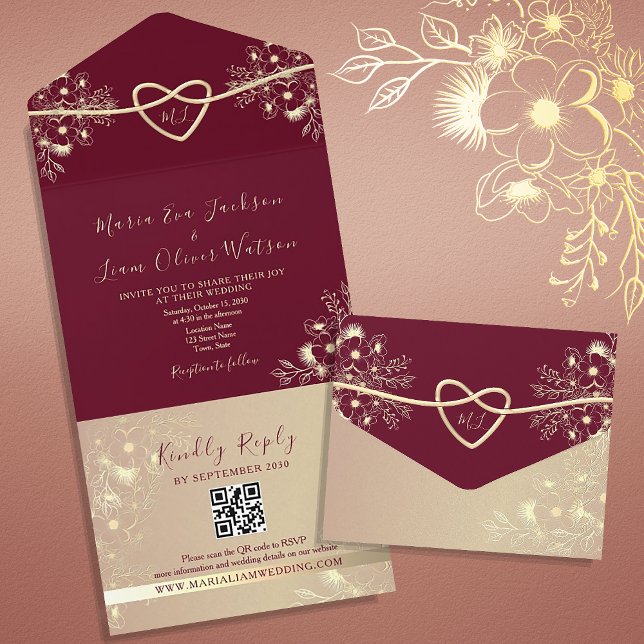 Invitation Tout En Un Code QR du Mariage Monogram de Bourgogne (Créateur téléchargé)
