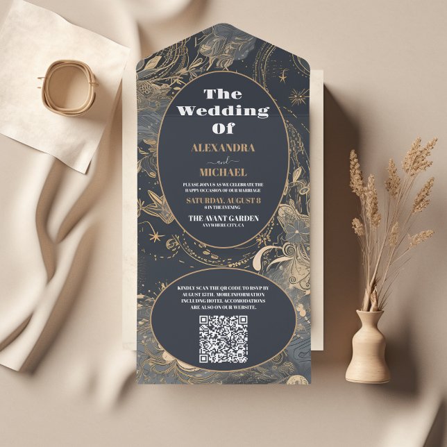 Invitation Tout En Un Code QR Élégant Argent Doré Mariage Céleste (Créateur téléchargé)