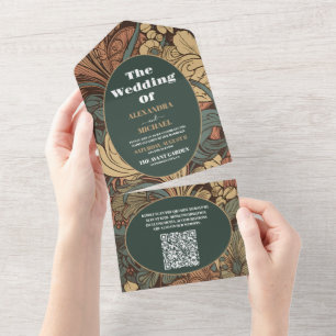 Invitation Tout En Un Code QR Élégant Art Nouveau Floral Mariage