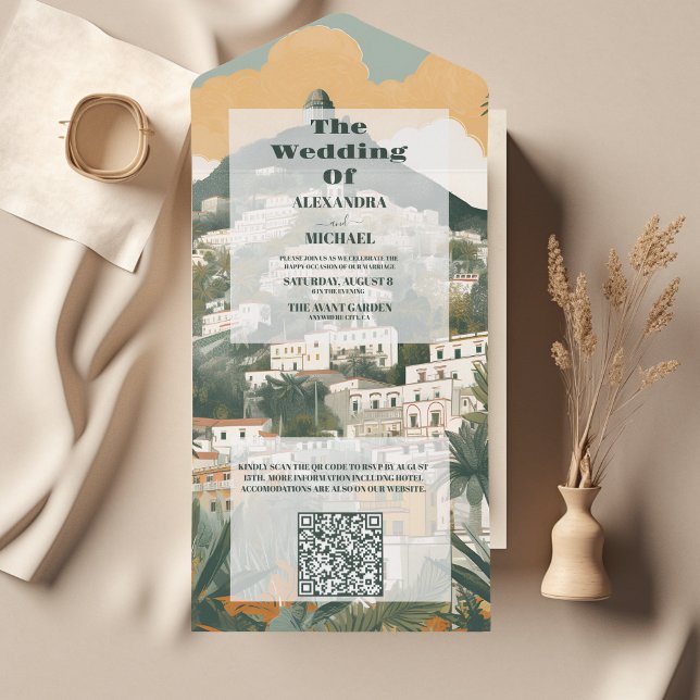 Invitation Tout En Un Code QR Élégant Italie Capri Destination Mariage (Créateur téléchargé)