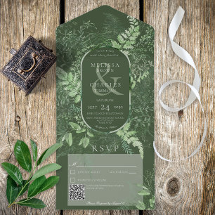 Invitation Tout En Un Code QR Emerald de feuillage vert de fougère rusti