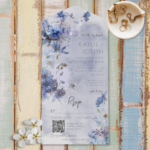Invitation Tout En Un Code QR Fleur sauvage moderne Periwinkle Bleu