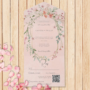 Invitation Tout En Un Code QR Fleur sauvage rustique et rose délicat
