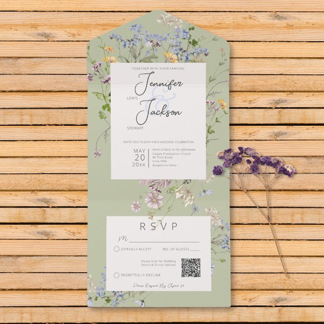 Invitation Tout En Un Code QR Fleur sauvage Sage Green Sage Delicic Boho (Delicate Boho Wildflowers Sage Green QR Code All In One Invitation)