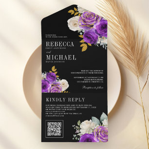 Invitation Tout En Un Code QR Fleurs Roses Pourpre Royal Mariage Noir