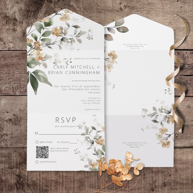 Invitation Tout En Un Code QR Fleurs Sauvages Automnales Brun Clair Élég (Rustic Delicate Tan Fall Wildflowers All In One Wedding Invitation with QR Code)