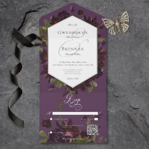 Invitation Tout En Un Code QR Floral Aquarelle Violet Sombre et Mystérie